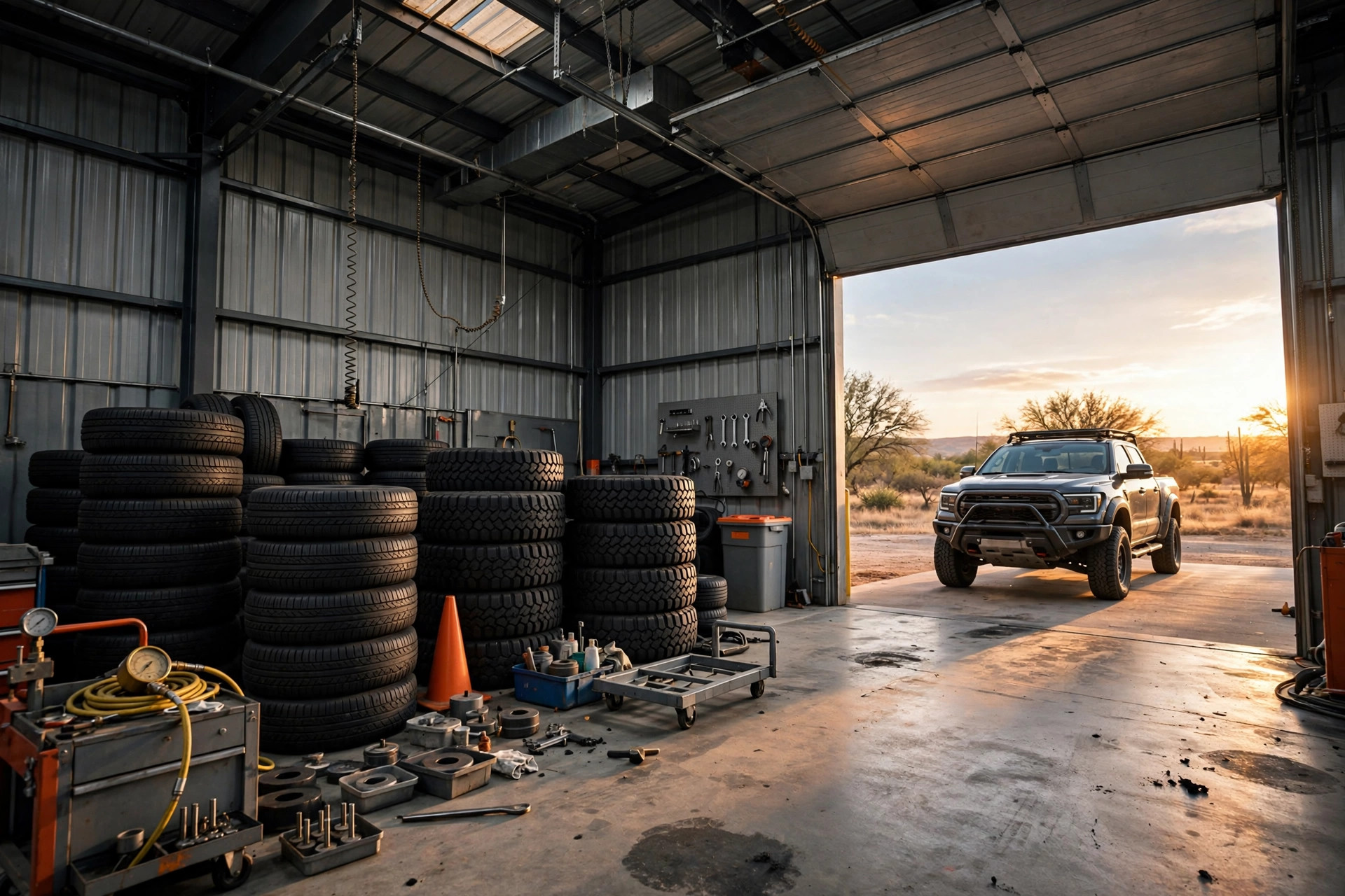 Stacks of tire sets inside a working tire shop with a truck outside